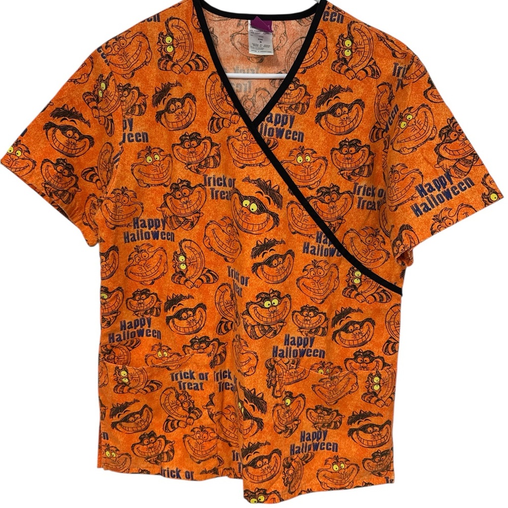 DISNEY Halloween Medical Scrub Top Cheshire Cat Women's Size S Orange